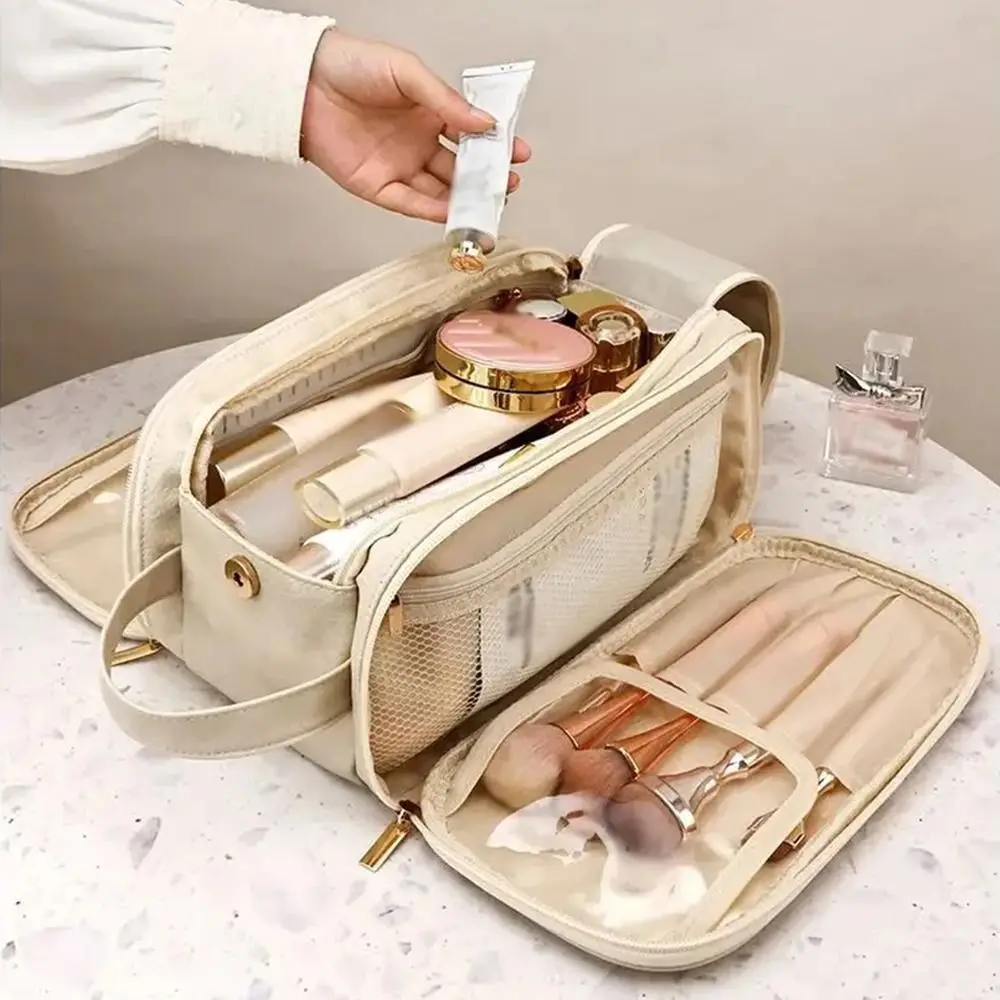

Portable Women's Makeup Bag Solid Color Large Capacity Travel Cosmetic Organizer Double Zipper Waterproof