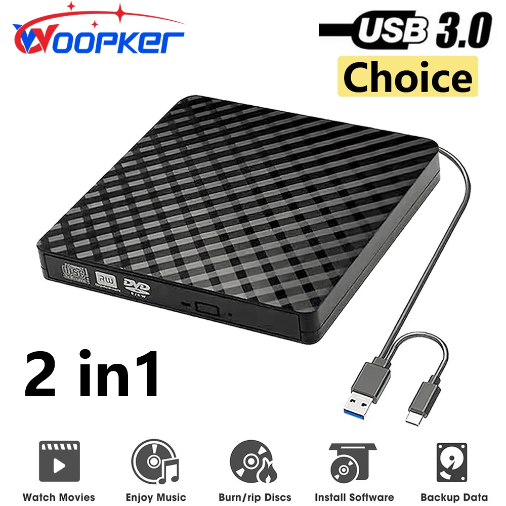 

Woopker External Dvd 2in1 USB3.0 TypeC Dvd Rw Cd Scriter Drive Reader Burner Reader Player Optical Drives Notebook Computer PC