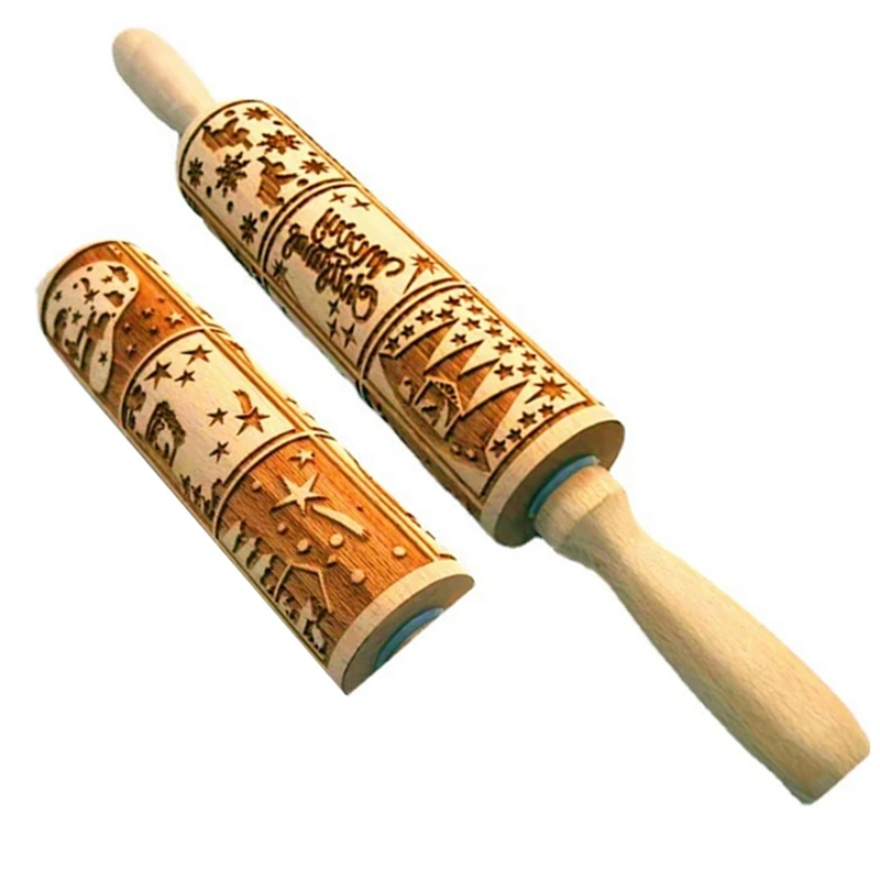 Christmas Pattern Wooden Embossed Rolling Pin,9 Different Scenes,European Window Rolling Pin Wood For Baking Embossed Cookies