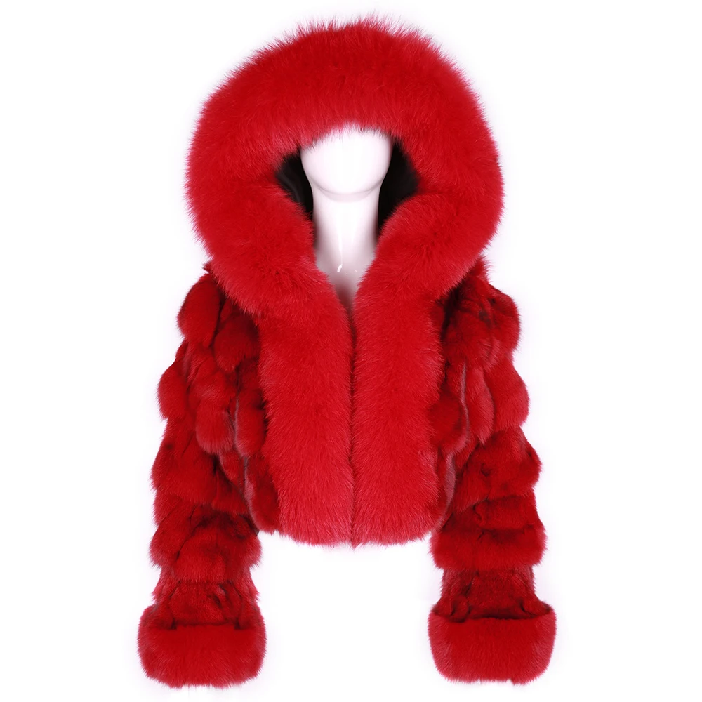 YOLOAgain 2023 Winter Warm Colorful Hooded Real Fox Fur Jacket Women High Quality Fox Fur Crop Top Ladies