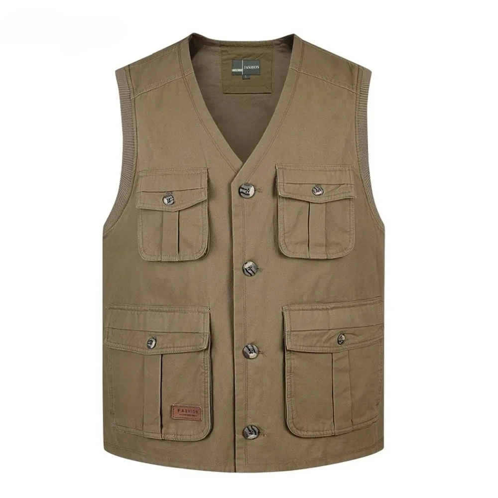 With Many Pockets Thin Comfortable Khaki Army Green Tool Summer Multi Pocket Men Vest Cotton Button SleevelWaistcoatess Jacket