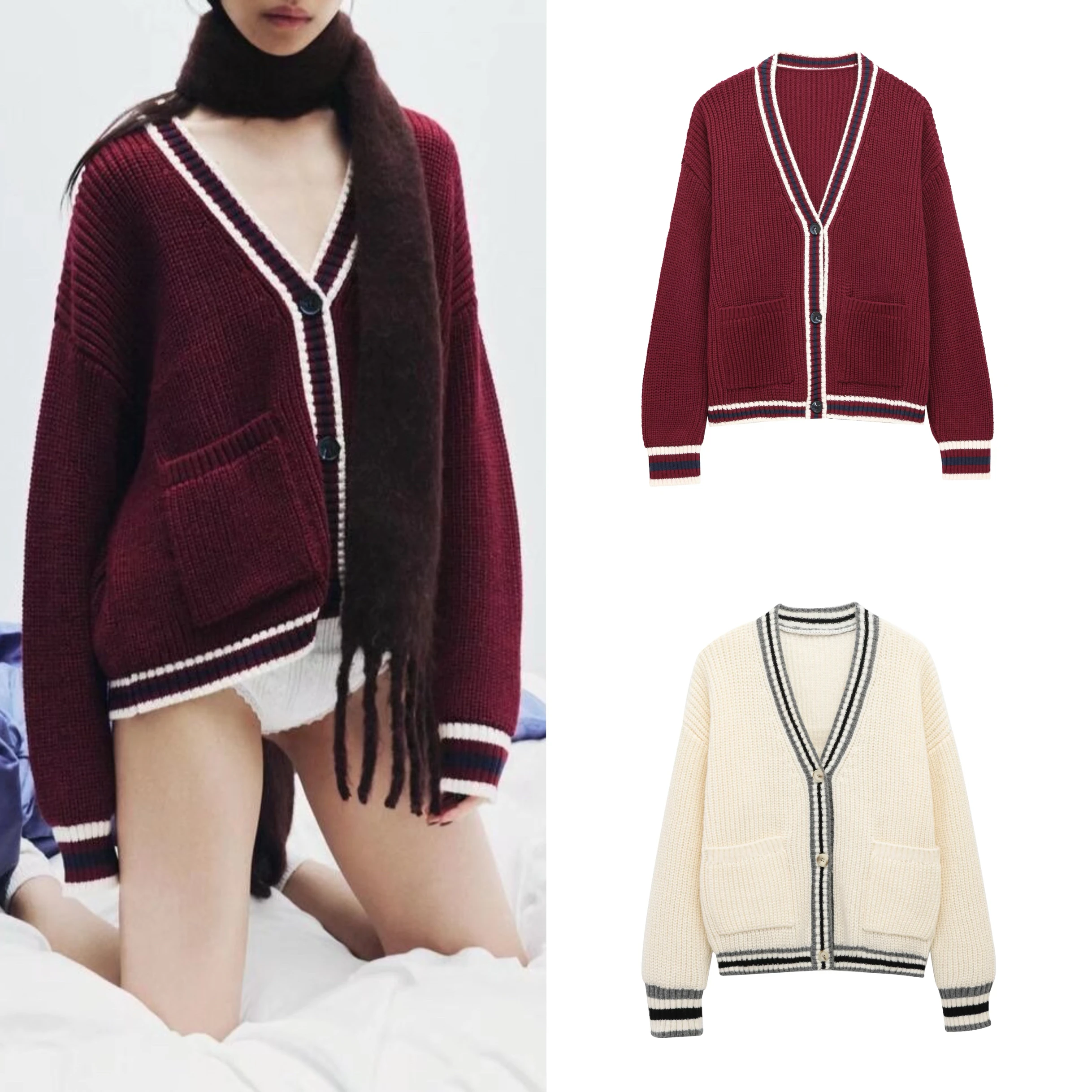 

Ele Simple Color Blo V-Ne Long Sve Knitted Jaet for Women Autumn Winter New Sle Casual Comfortable Polyester F...