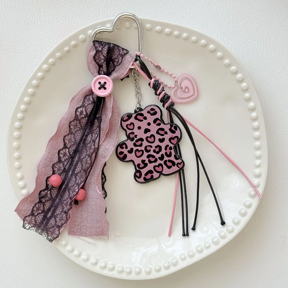 Sweet Cool Leopard Bear Lace Bag Charm Keychain Y2K Hot Girl Purse Pendant with Heart Unique Backpack Decor Accessory for Women