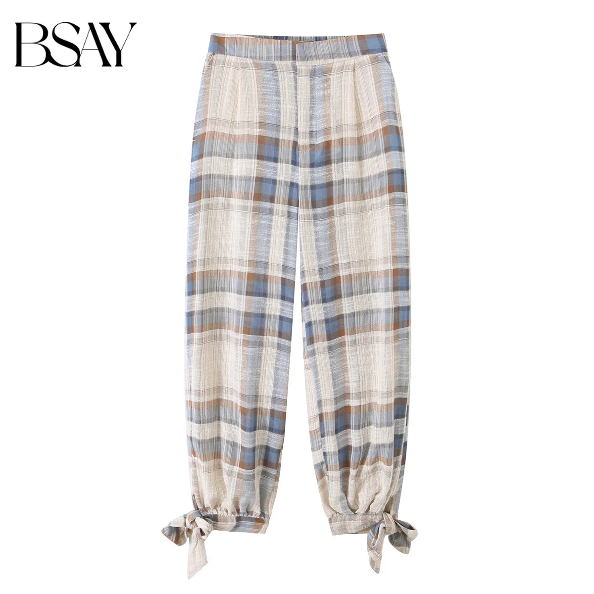BSAY 2026 Women Vintage Plaid Checkered Lantern Pants Elastic High Waist Ankle Bow Tie Design Loose Casual Daily Harem Trousers