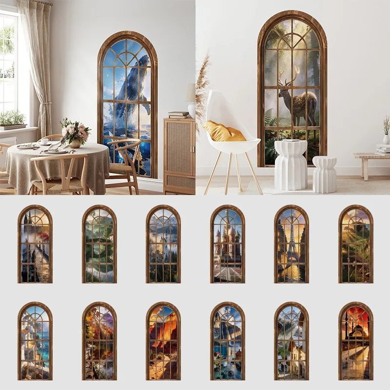 80x180cm 3D Fake Arch Window Wall Sticker Self-Adhesive Waterproof Wall Decal Bedroom Living Room Bathroom Background Wall Decor