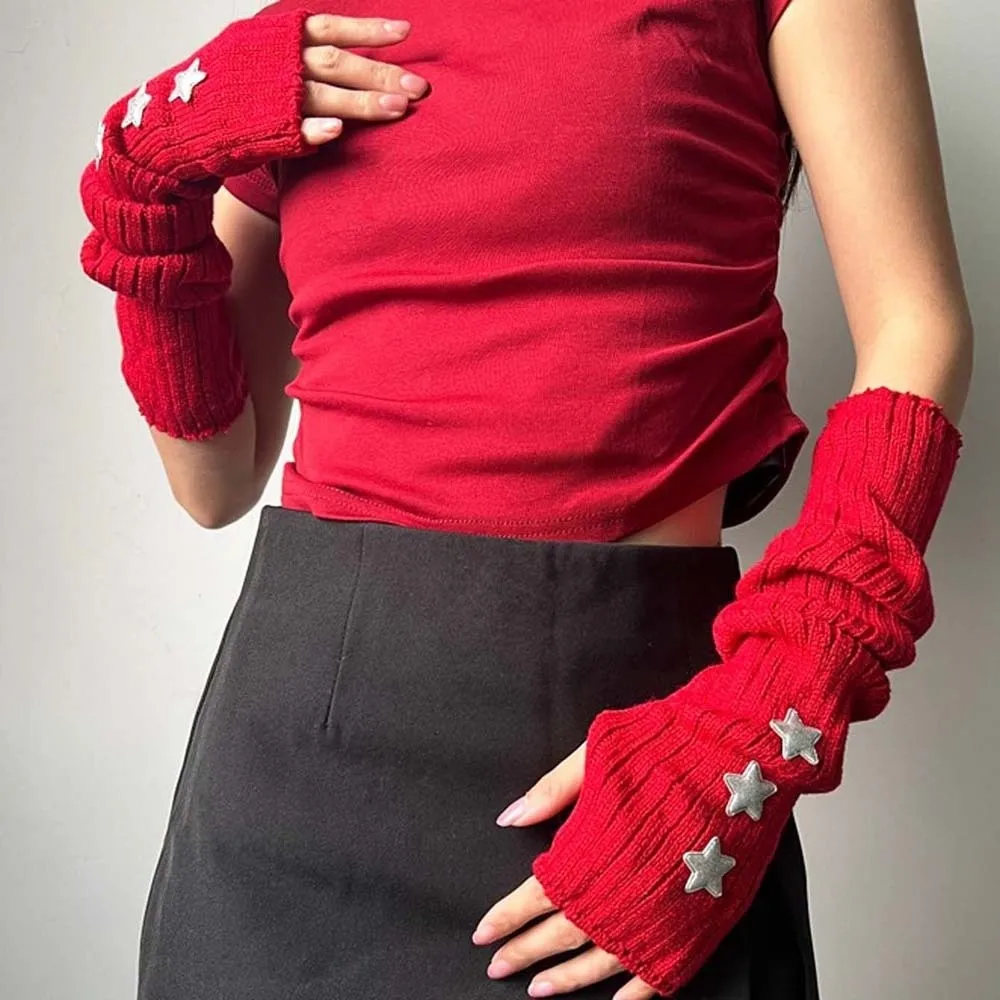 Elastic Knitted Fingerless Sleeves Solid Color Gothic Y2K Star Arm Cover Cool Hip-hop Warmer Long Cuff Autumn