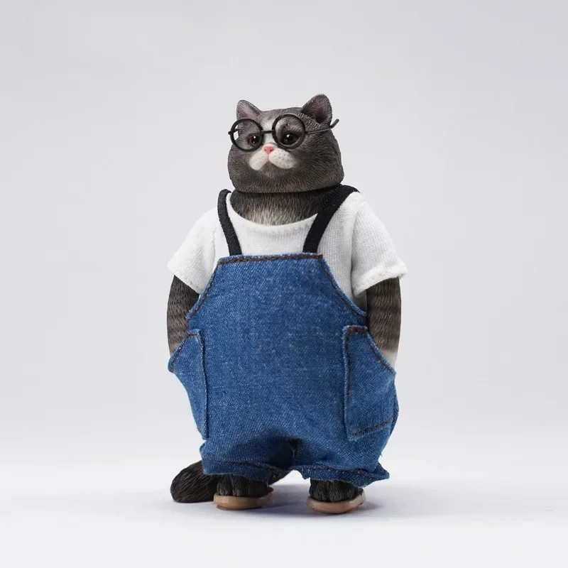 JXK 1/6 Scale Fat Cat Resin Blue Overalls Cat Simulated Animal Model 12inch Action Figures Lovely Pet Hobbies