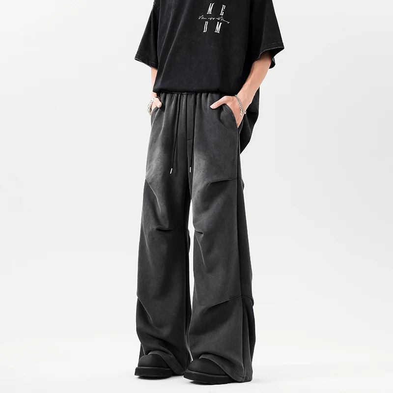 

2026 Spring Autumn Pleated Design Washed Pants Men's American Street Drawstring Niche Casual Wide Leg Trousers New Fashion
