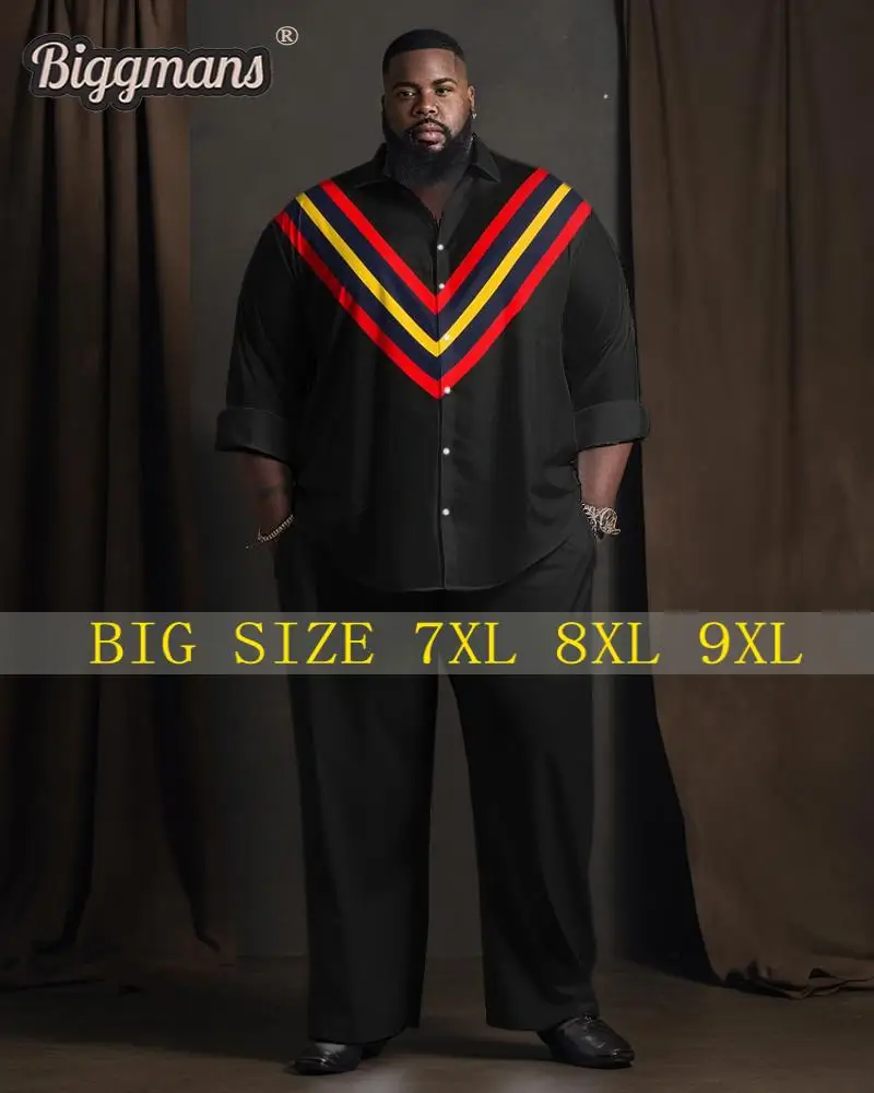 Biggmans Plus Size for Men's Clothing Office Long Sleeved Pants Chevron Pattern Lapel 2 Shirt Set 7XL 8XL 9XL