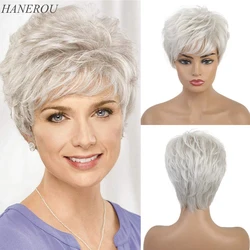 Silver Grey Wig Short Natural Straight Synthetic Wigs for White Women Fake Hair Wig Natural Looking Heat Resistant Fiber