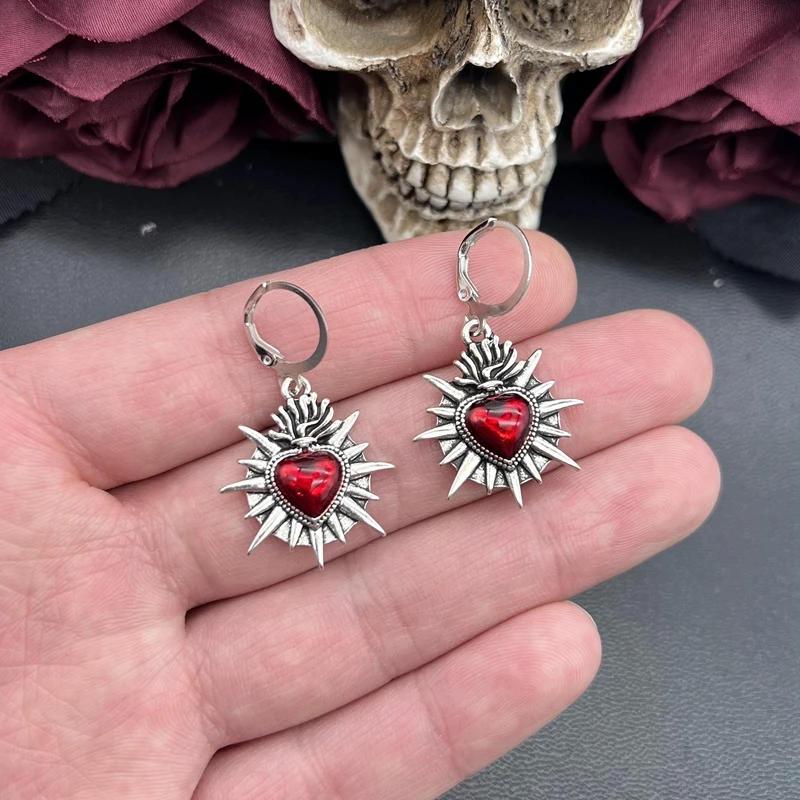 1 Pair Flaming Sacred Heart Earrings Enamel Thorns Sacred Heart Mexican Jewelry Earrings Sacred Heart of Jesus Religious Jewelry