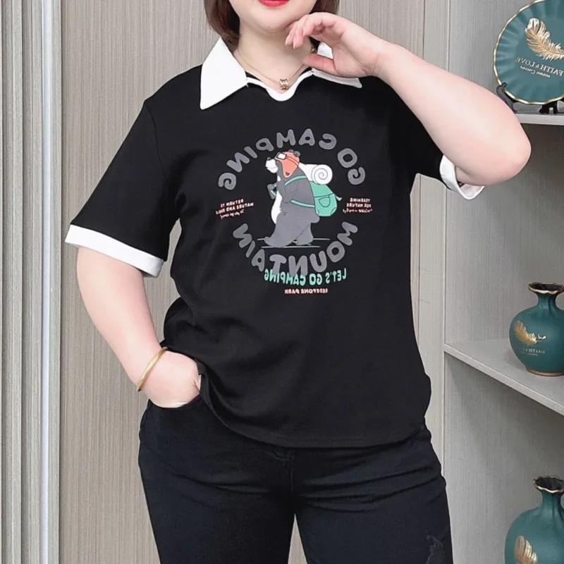 Camiseta de lapela de manga curta feminina, blusa casual relaxada estampada, tamanho grande, verão, nova, 2024