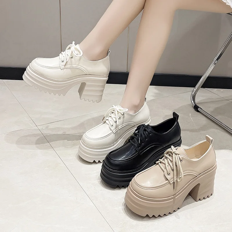 Women Platform Square HeeLeather l Lace Up Oxford Women Party Role Play Uniform Dress Shoes Fashion High Heels Shoes Women