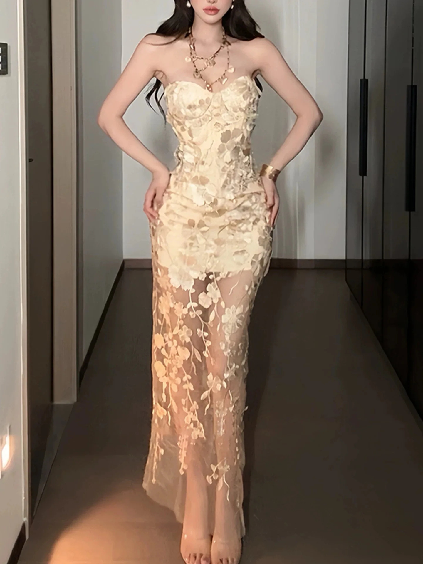 

Sexy Heavy Embroidery Strapless Evening Dress Women's plus Size Lace High Waist Long Skirt Street Style Spring Summer Autumn