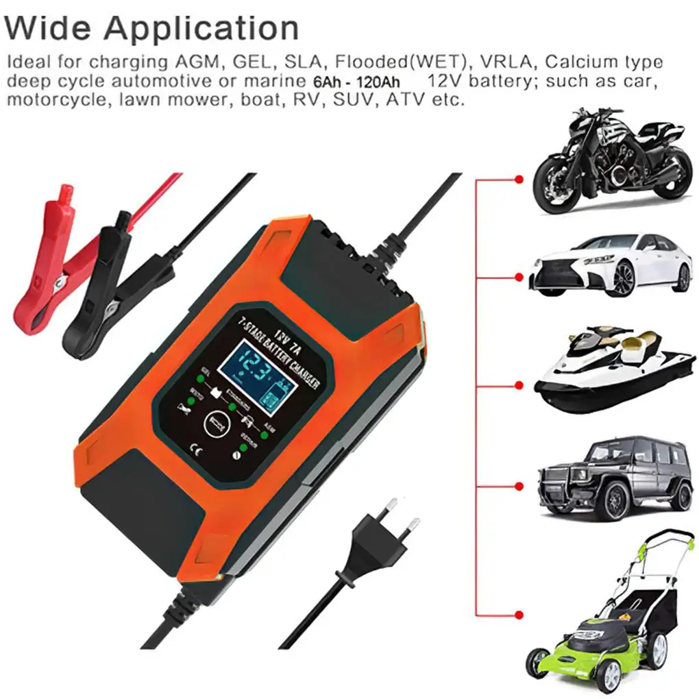 12V/7A Car Battery Charger Fast Charger Intelligent Automatic Battery Charger for Car Motorcycle