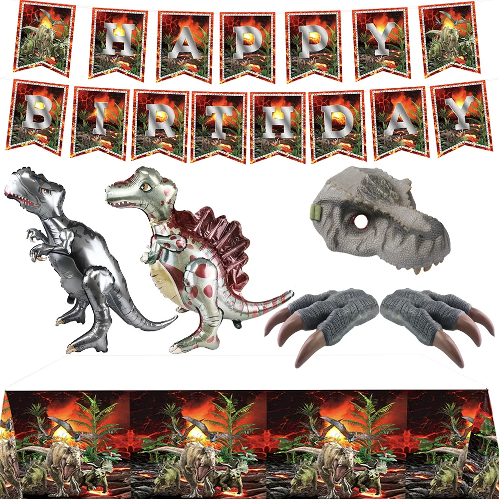 Dinosaur Birthday Decorations Dino Banner Tablecloth T-Rex Balloon Mask and Paw for Kids Boys Dinosaur Lava Party Mask Supplies