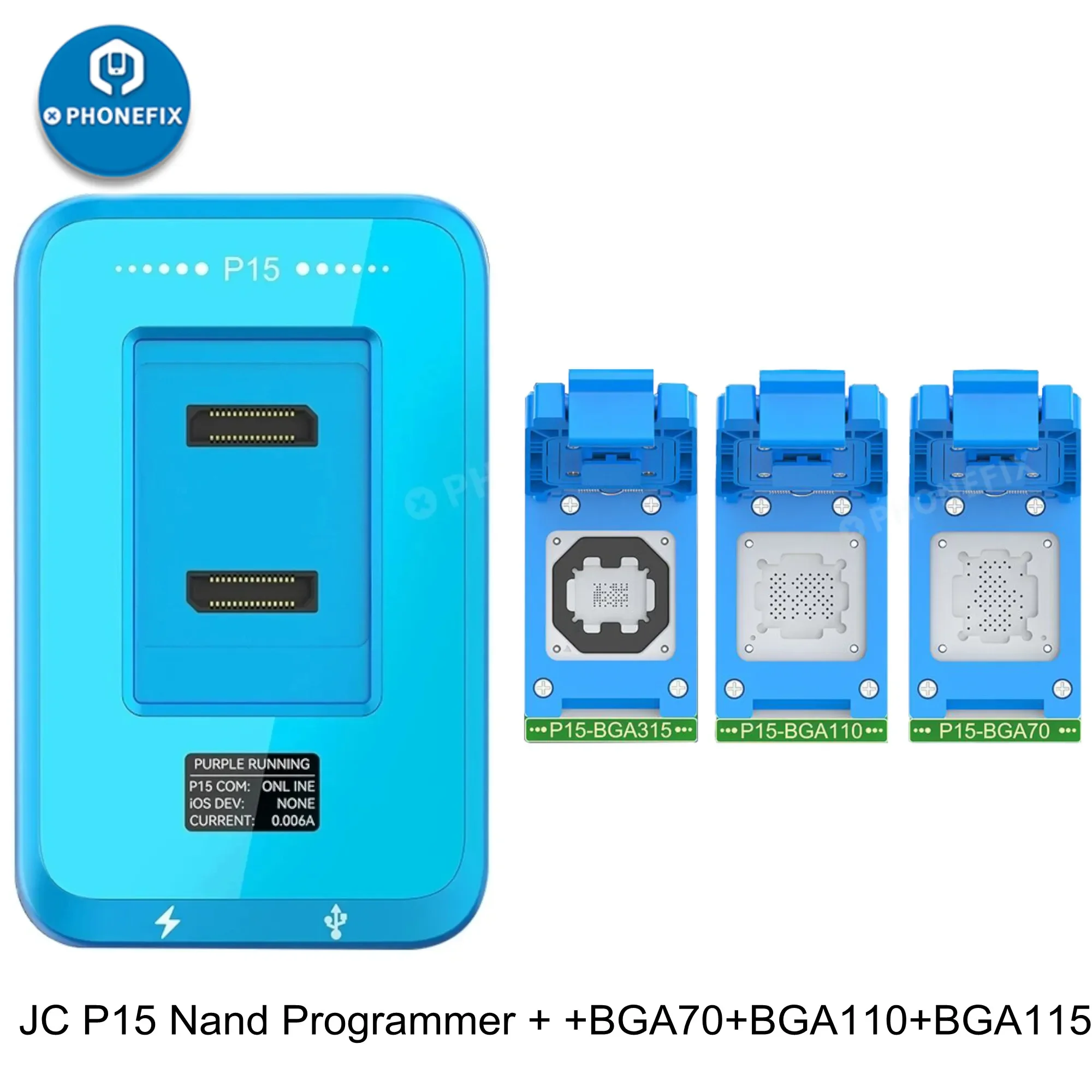 JCID P15 Nand Programmer dengan BGA315 BGA110 BGA70 BGA60 modul untuk iPhone 6-15 Pro Max iPad Nand Flash baca tulis Format perbaikan