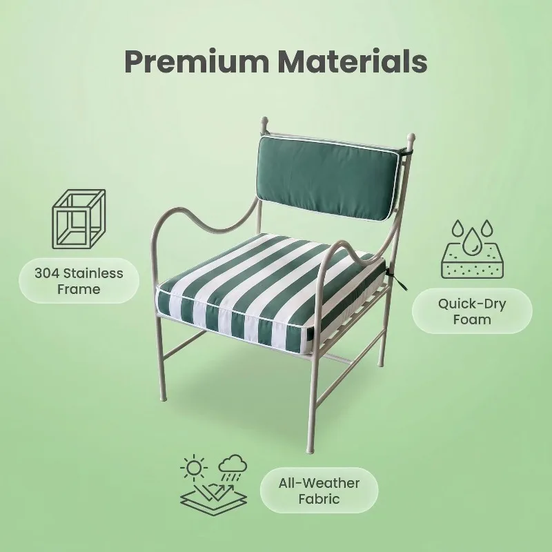 Modern French Parisian outdoor armchair, pink backrest, green striped seat, white metal frame