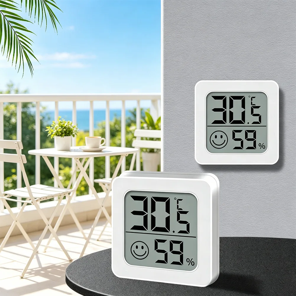 White Compact Hygrometer Thermometer with LCD Display for Indoor Monitoring 4.5x4.5x1.5cm Plastic Cheerful Face