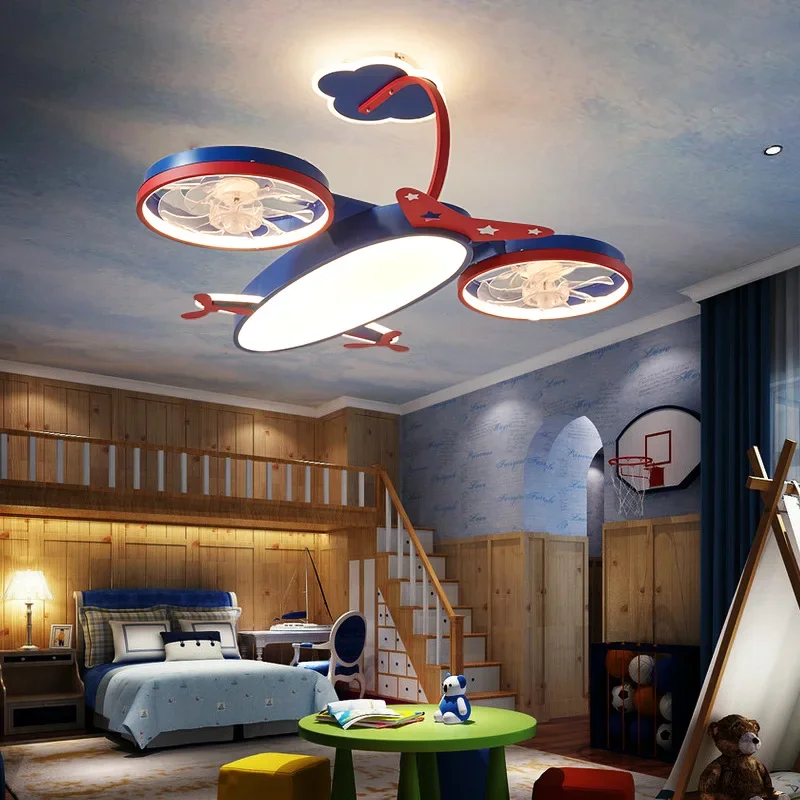 Creative Cartoon Airplane Ceiling Fan Lamp Boy Girl Bedroom Children Room Lamp Personality Living Room Study LED Pendant Light