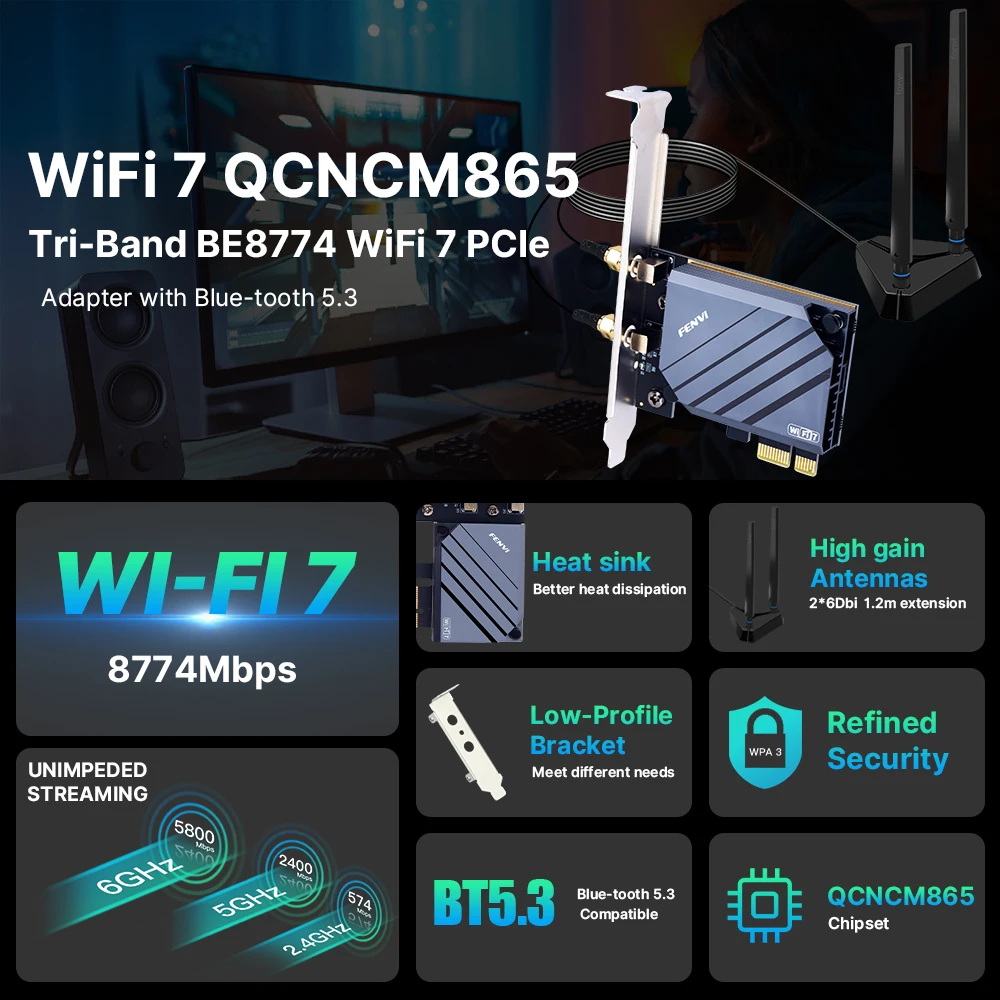 Fenvi WI-FI 7 Pcie Wireless Adapter BE8800Pro Extend Antenna QCNCM865 BT5.4 Tri Band 2.4G/5G/6GHz Wifi Card Desktop Win11 64Bit