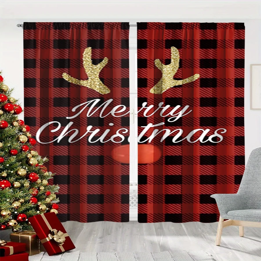 2PCS Christmas Winter Curtains, Red Black Plaid Gold Antler Merry Christmas, Digital Print, Bedroom Living Room, Home Decor