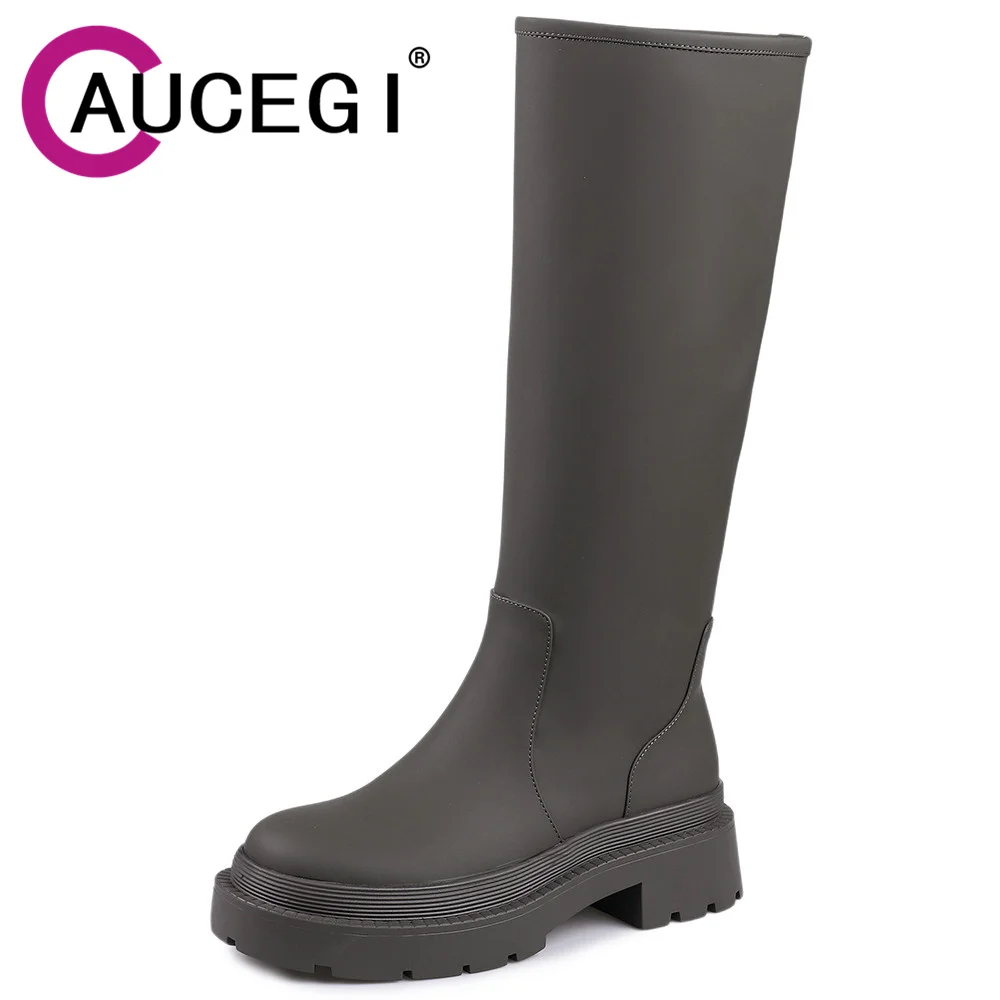 

Aucegi New Quality Leather Chunky Heels Knee High Boots Round Toe Slip On Solid Color Autumn Winter Handmade Shoes Black Gray