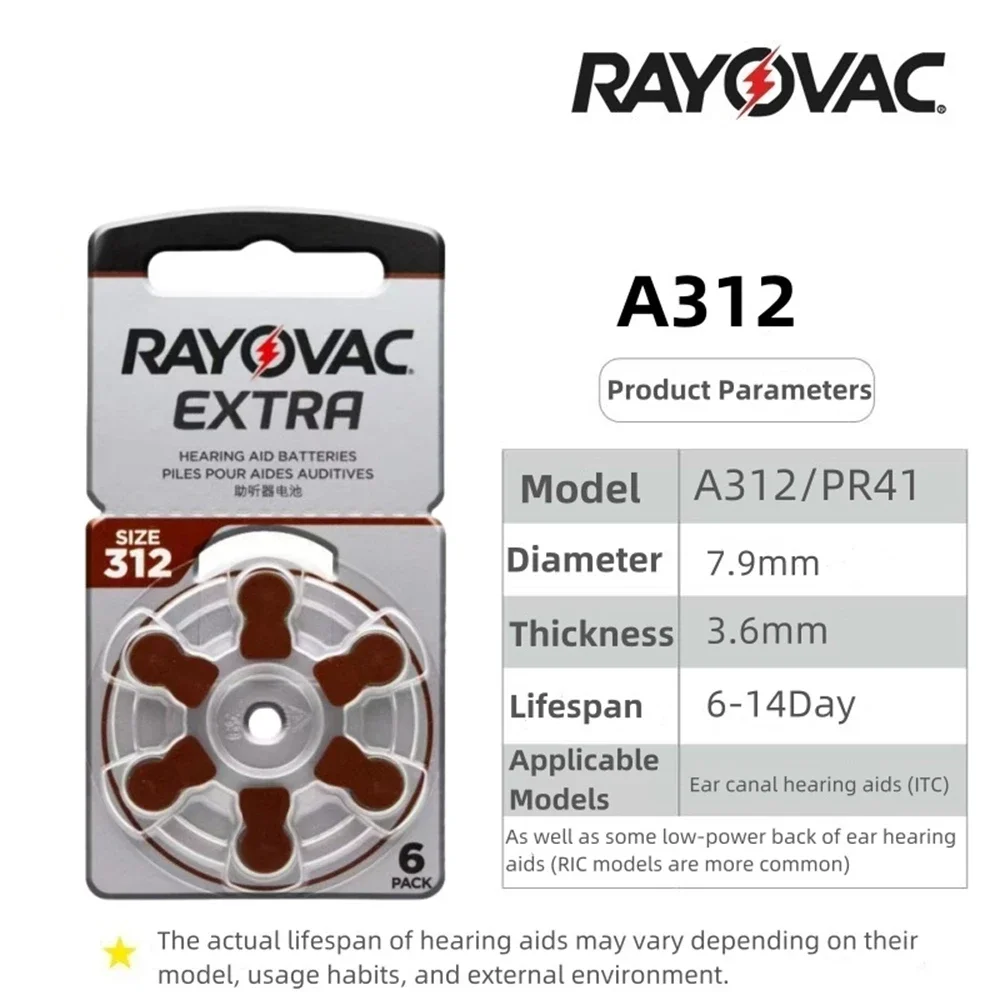 6-60PCSRayovac Extra Performance Hearing Aid Batteries 1.45V 312 312A A312 PR41 Zinc Air Battery For BTE CIC RIC OE Hearing Aids