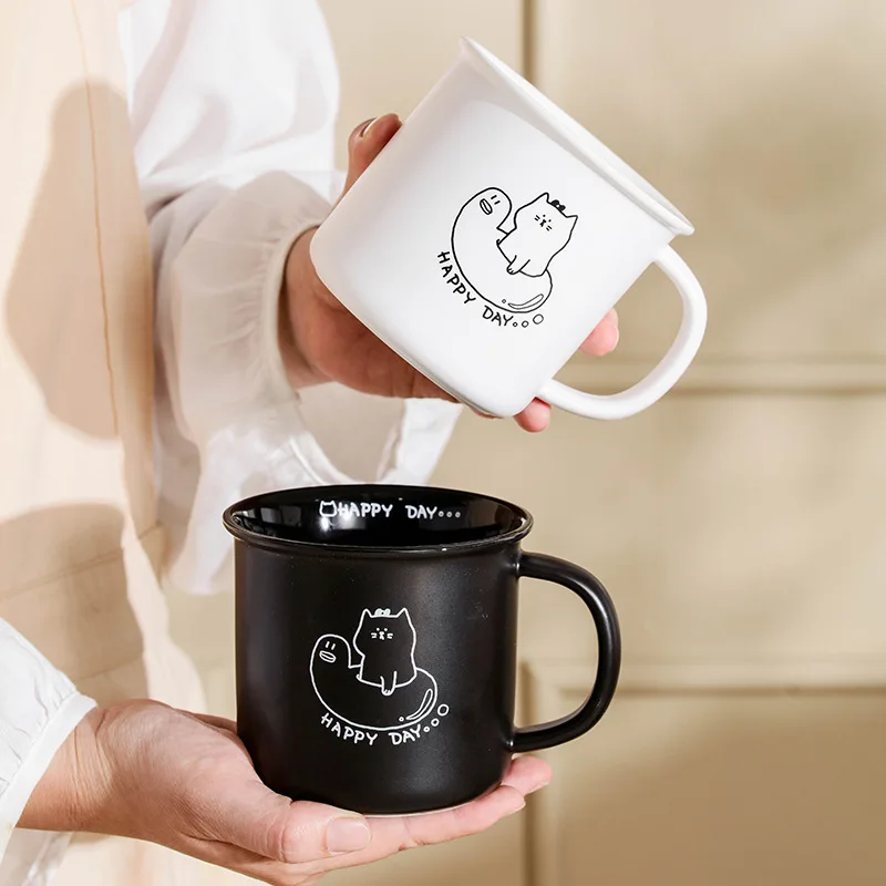 Line Cat Mug Souvenir Matte Black White Ceramic Cup Minimalist Breakfast Office Couple Drinkware Cute Drinking Utensils