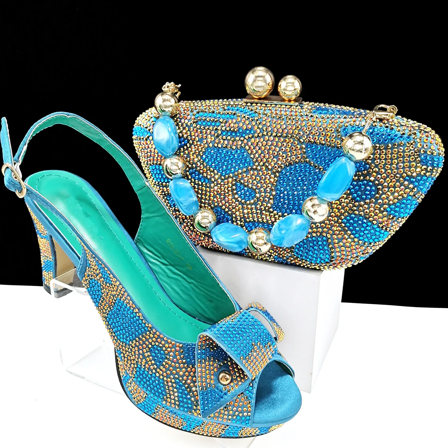 

Fashionable Blue Women High Heel 9CM Shoes Match Crystal Handbag African Pumps And Bag Set QSL094