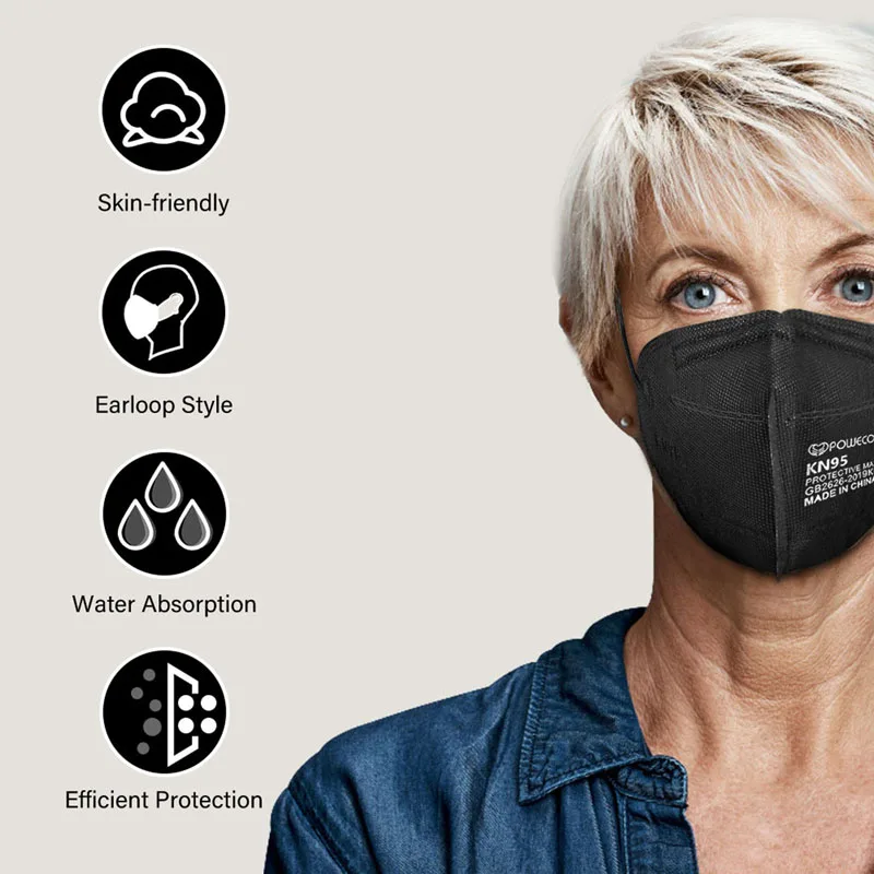 New Powecom Black FFP2 KN95 Mask Filter Face Masks 5 Layer Anti-Pollution Protective Dust Filter Safety Mask GB2626-2019