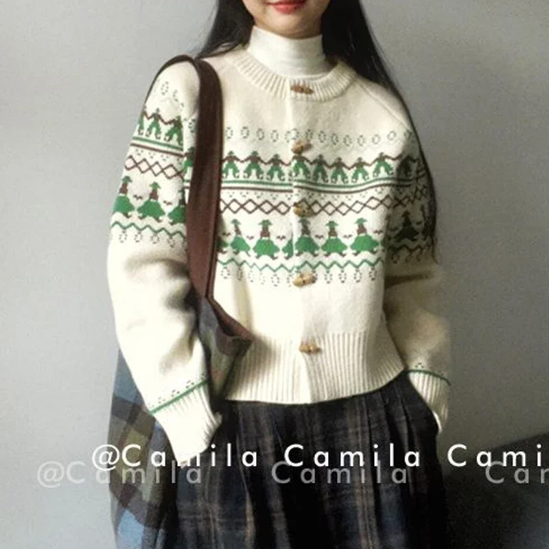 Jacquard Weihnachten Gestrickte Pullover Casual Chic Lose Outer Herbst Winter Frauen Mode Einreiher Strickjacke Nette Süße