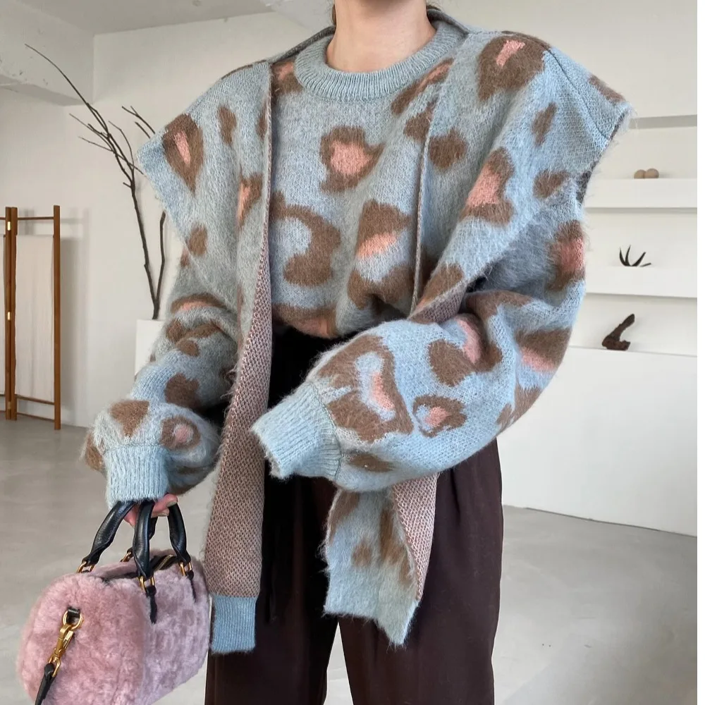 الكورية Sle شيك ليوبارد طباعة التفاف فضفاض المرأة سترة قطعتين مجموعة الخريف الشتاء Faion تصميم خمر بلوزات ووشاح