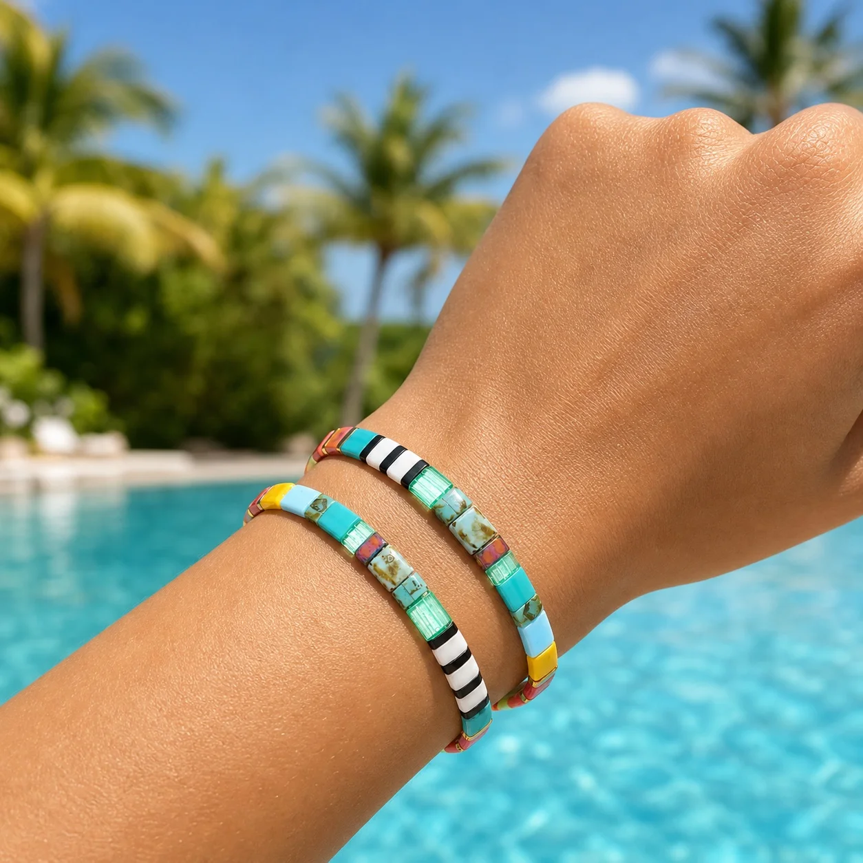 2pcs Colorful Geometric Glass Tile Beaded Bracelet Boho Stackable Stretch Strand Bracelet for Women Poolside Beach Style