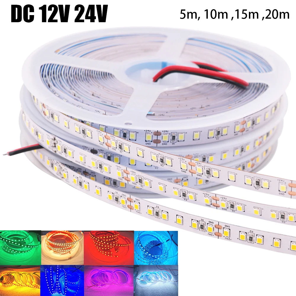 DC 12V 24V LED Strip SMD 2835 5m 10m 15m 20m/Roll 120LEDs/m Flexible Rope Ribbon Tape Light Lamp Red Ice Blue Green Yellow Pink