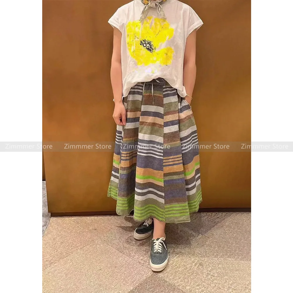 

Fashion Women's 2024 Early Autumn Vintage Colourful Stripe Elastic Waist Linen Big Hem Half Skirt