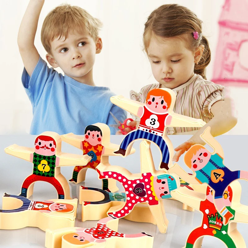 Children Stacking Balance Building Blocks Game Include 16 Cartoon DIY Stickers Characters Educational Toys for Kids Gift Age 3+