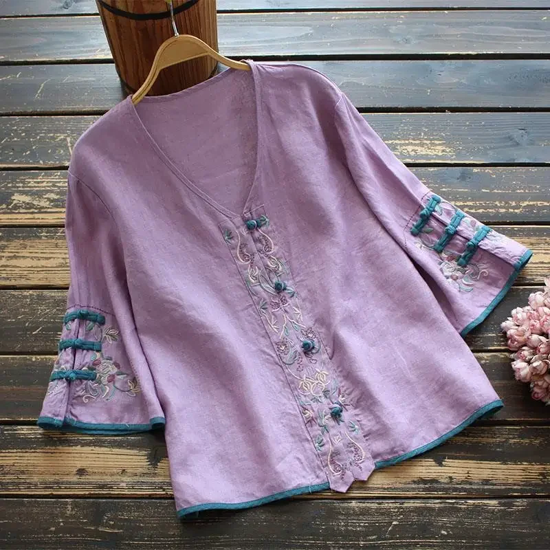 Summer Chinese Style Clothing Women Clothes Cheongsam Top Chinese Traditional Shirt Blouse Cotton Linen  Hanfu Ladies CY210