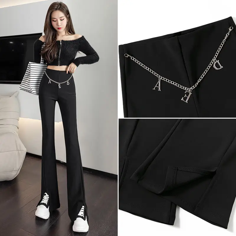 Micro Flared Pants with Front Slit Western Style Casual Pants Women's Hanging High Waisted Black Flared Pants