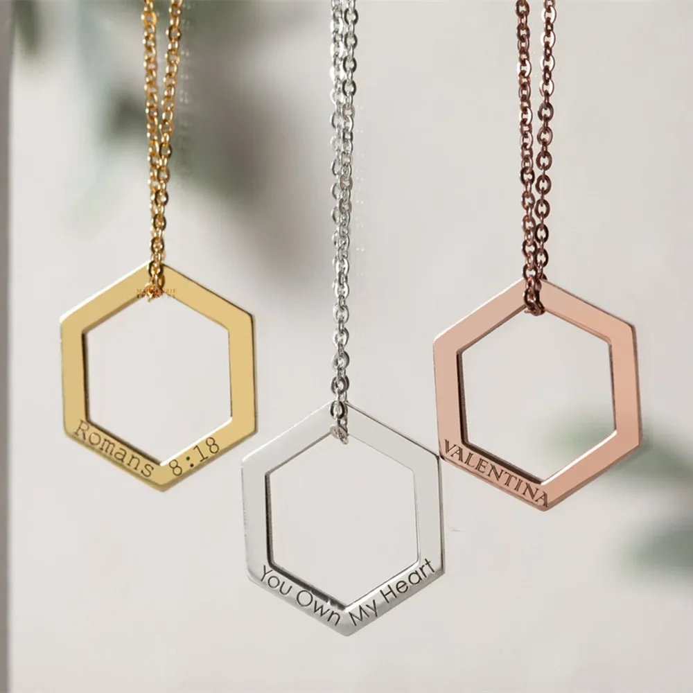 Customized Engraved Hexagon Necklaces Geometric Family Jewelry Stainless Steel Collares Chain Personalized Name Necklaces