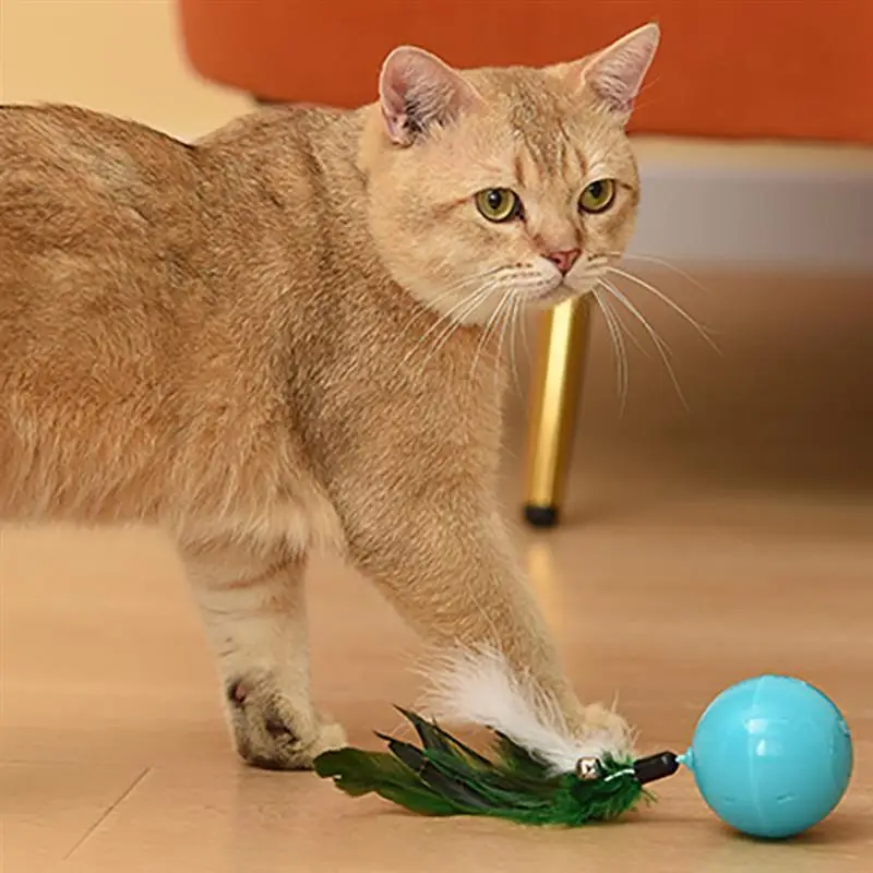 Interactive Cat Ball Self-Rotating Fake Feather Kitten Play Toy Cat Chasing Toy Interactive Toy Cat Toys Stick For Kitten Toy