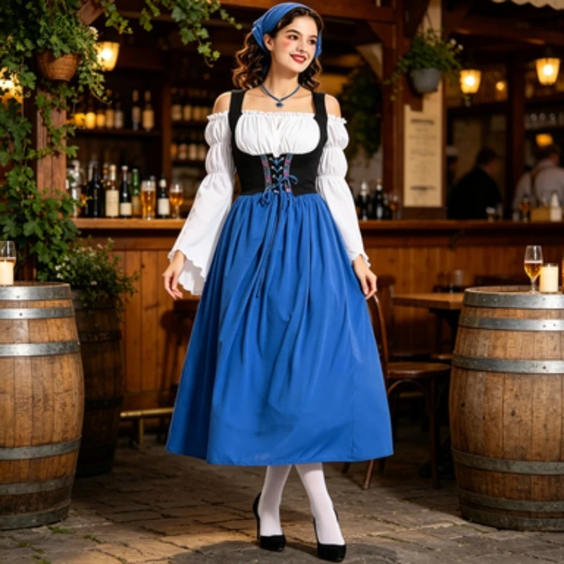 Halloween Oktoberfest Medieval Farm Maid Long Dress Adult Parent Child Cosplay Costume for Holiday Party Stage Show Fancy Dress
