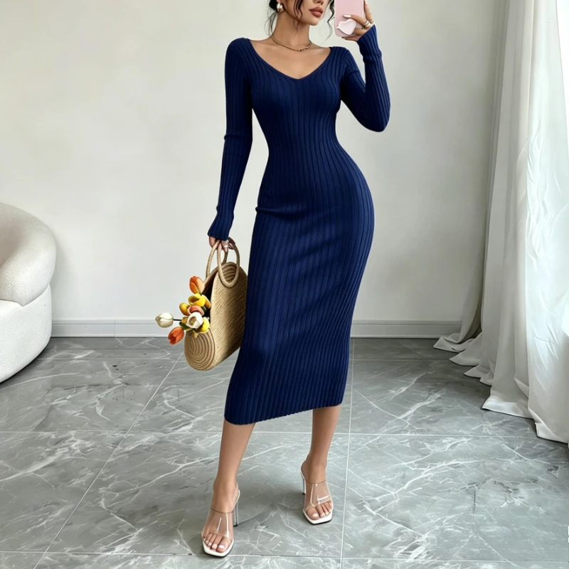 Damen Einfarbiges V-Ausschnitt Geripptes Strick-Maxikleid Elastisches Langarm-Bodycon-Kleid Damen Casual Party Modekleider – Detail 4