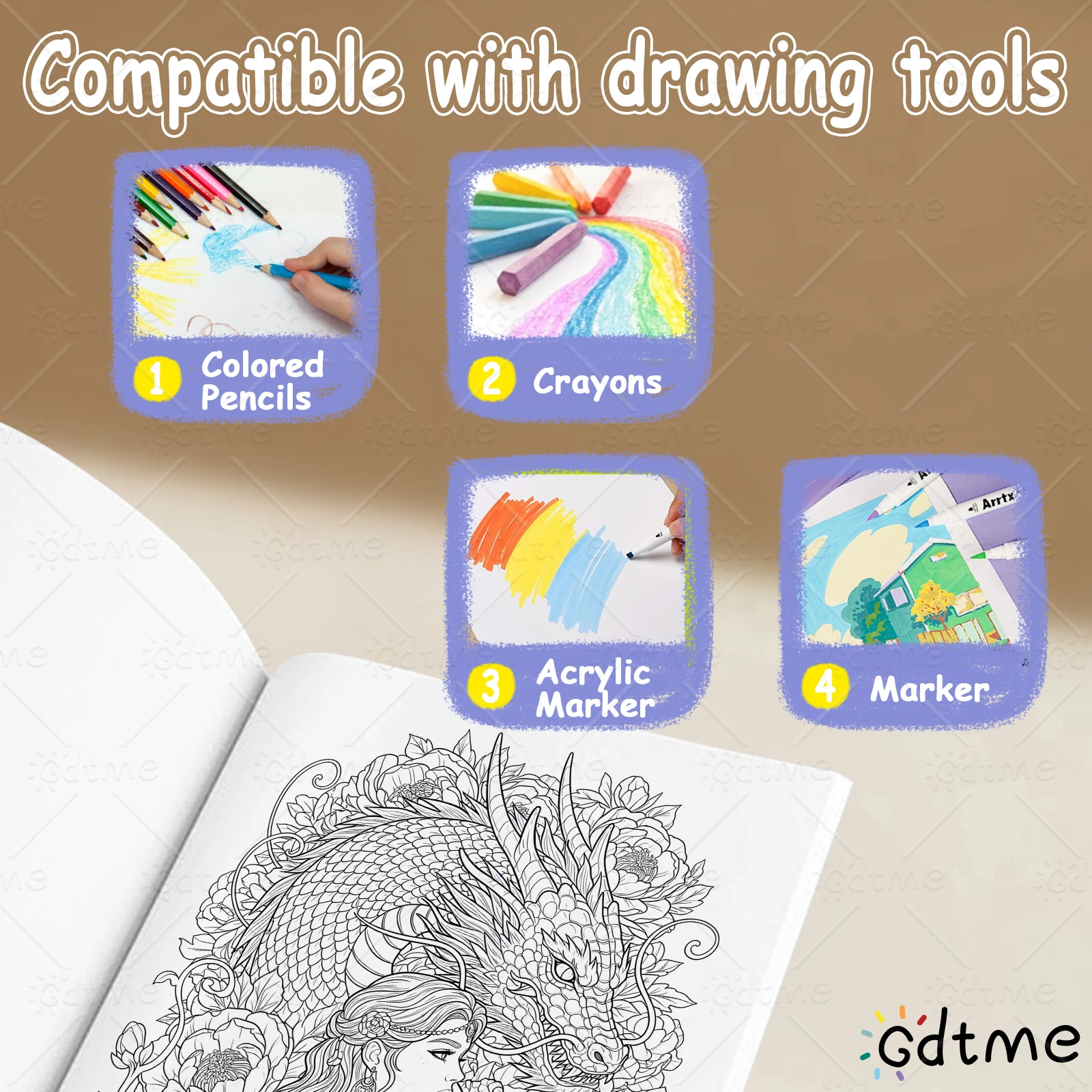 ARTISTIC & CUTE DRAGONS Coloring Book for Adult Bold-easy Pattern for Relaxation Kids Educational DIY Painting Drawing Book