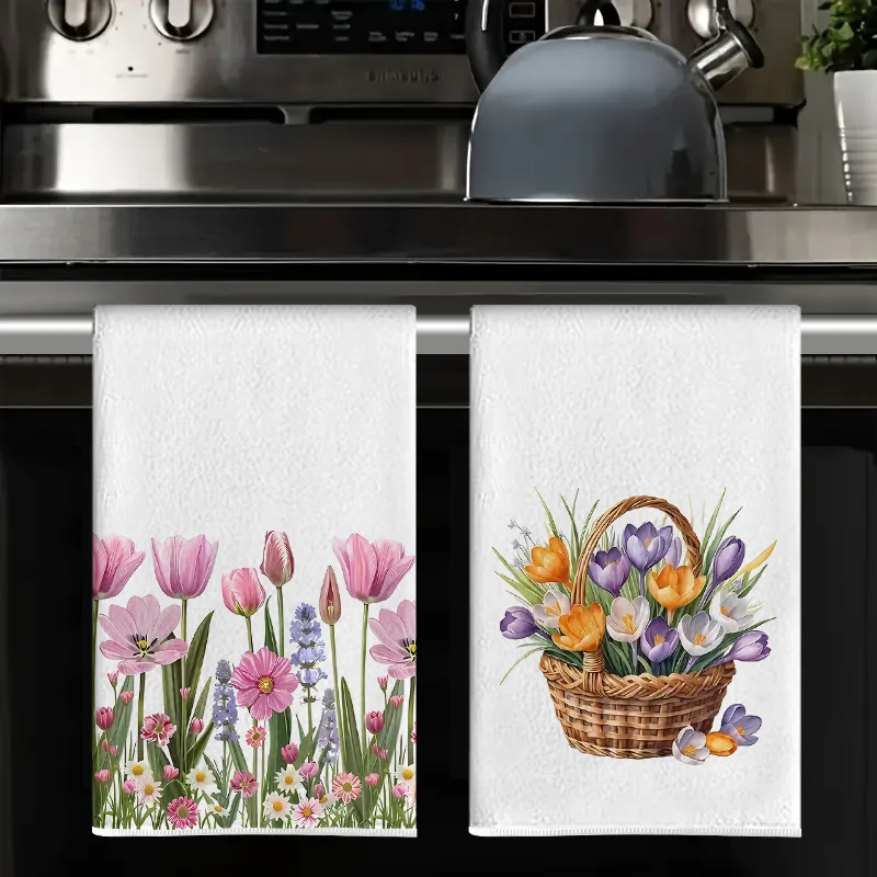 2Pcs, Tulip + Flower Basket Bouquet Kitchen Towels, 40Cm*60Cm Towel Set, Super Absorbent Soft Cleaning Cloth, Cooking Baking Tea Towel, Hand Towel, Cleaning Cloth, Dishcloth, Kitchen Decoration, Living Room Decoration, Kitchen Essentials, Home Essentials