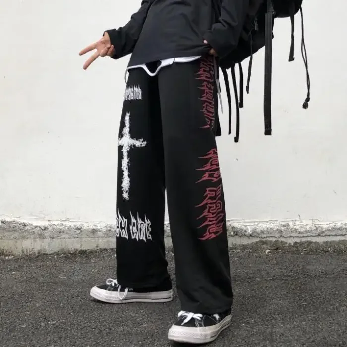 Pantalones de pierna ancha INS estilo Harajuku estilo japonés creativo explosivo calle Cruz oscura Graffiti tubo recto pantalón protector de pierna ancha