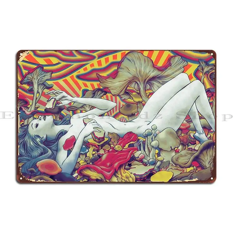 Colorful Psychedelic Trippy Hippy Mushroom Woman 420 Shrooms Hippie Metal Plaque Poster Wall Cave Garage Tin Sign Poster