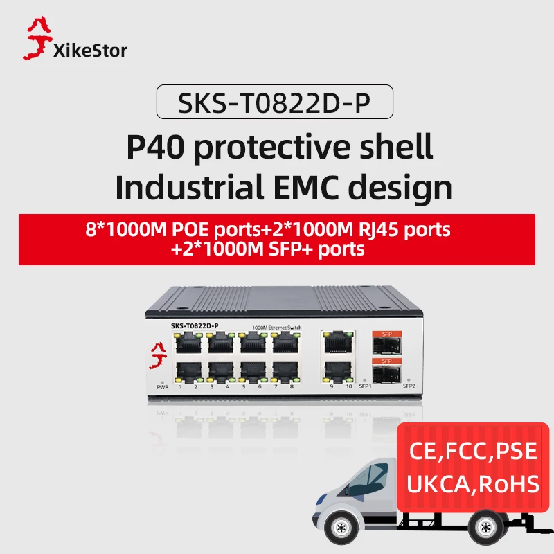 XikeStor 12 puertos 1000M RJ45 SFP PoE industrial con doble potencia Protección IP40 Diseño EMC para detección de IA