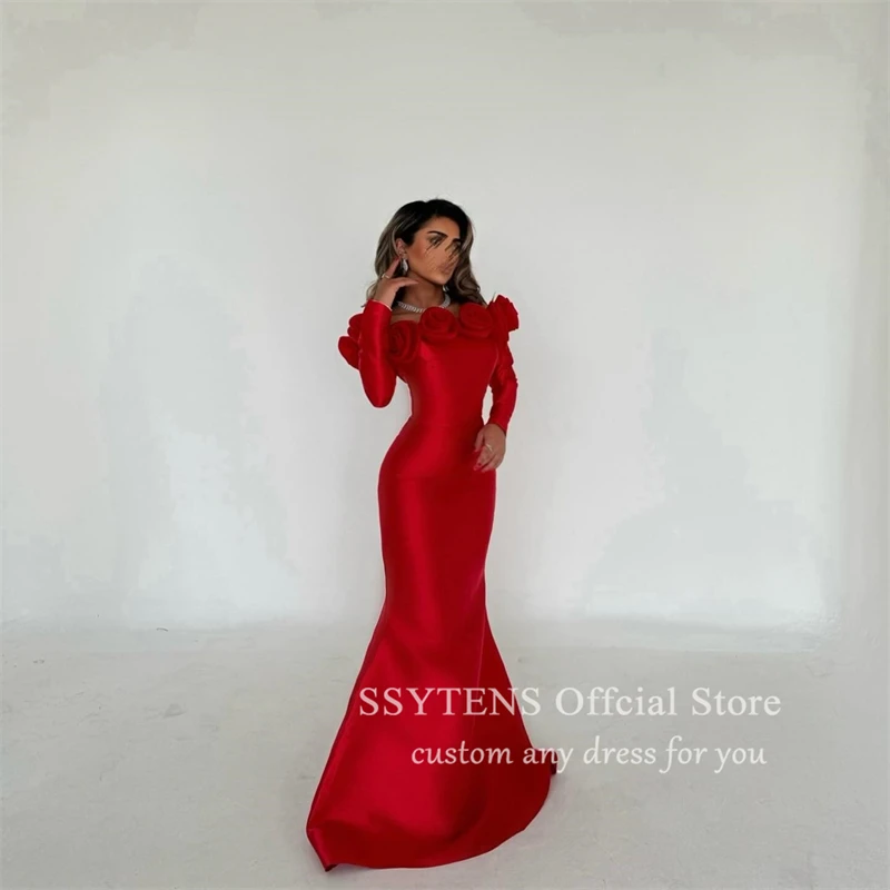 SSYTENS Saudi Red 3D Flowers Formal Occasion Dresses 2024 Mermaid Wedding Strapless Long Party Prom Evening Gowns فساتين الحفلات