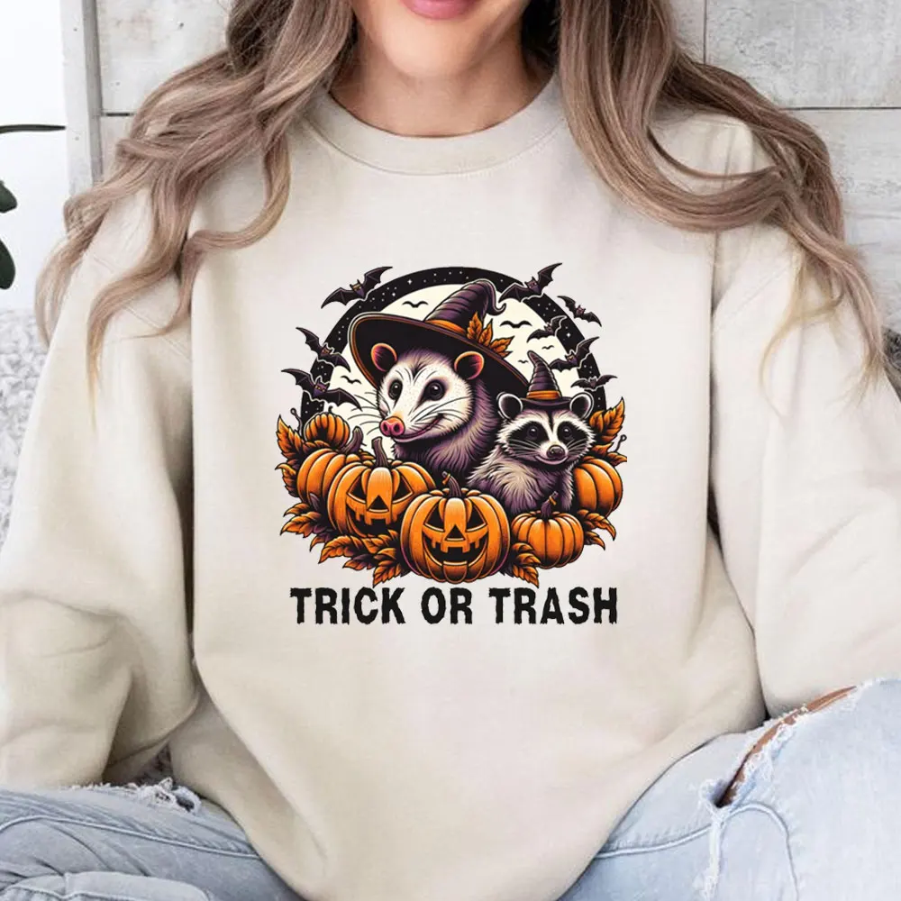 Comfort Colors® Halloween Hoodies Funny Possum Raccoon Trick or Trash Sweatshirt Funny Halloween Trashcore Pumpkin hooded Tops